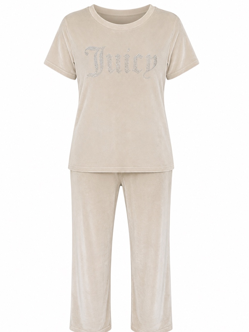 Juicy Couture Cream Velour Short Sleeve Pajama Set with Rhinestone Logo